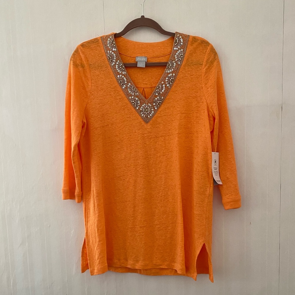 Chico’s Size 1 Linen Embellished Pullover Tunic Orange Top